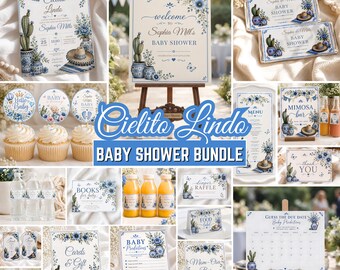 May include: A baby shower stationery bundle featuring a Cielito Lindo theme with blue floral patterns, cacti in pots, and sombreros. Includes invitations, signs, cupcake toppers, candy wrappers, and game cards with text like Baby Shower and Mimosa Bar.