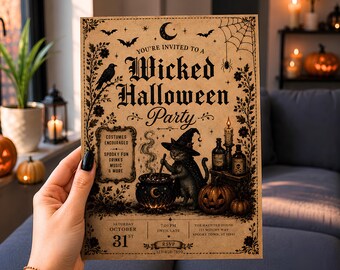 May include: A rectangular paper invitation for a Wicked Halloween Party with a beige background and black ink illustrations. It features a cat in a witch hat stirring a cauldron, pumpkins, bats, a spider web, and text detailing the event date.