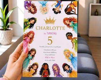 May include: A rectangular birthday invitation card featuring a gold crown graphic at the top, the text CHARLOTTE is TURNING 5, and details for Sunday, January 13, at 4:00 pm. The border is decorated with twelve illustrated princess characters.