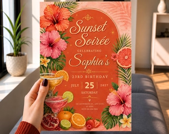 Sunset Soirée Disco Birthday Invitation, Orange Pink Gradient Party Invite, Sunset Soirée  Summer Party Editable Canva Template