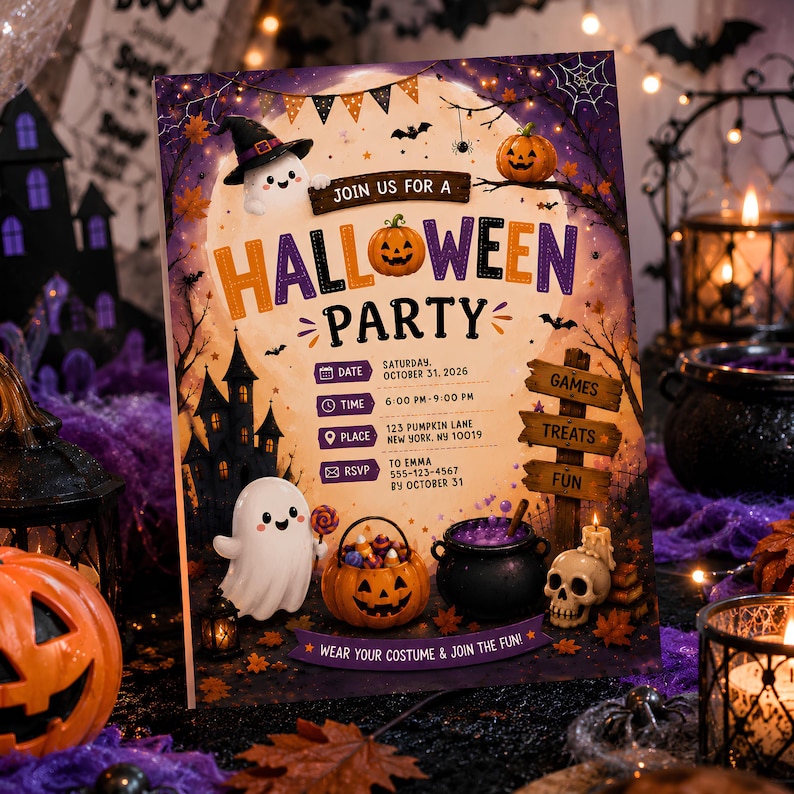May include: A rectangular Halloween party invitation card featuring a large full moon background, a black haunted house, two white ghosts, a jack-o'-lantern, and a purple cauldron. The text reads: JOIN US FOR A HALLOWEEN PARTY, DATE SATURDAY OCTOBER 31 2026, TIME 6:00 PM-9:00 PM, PLACE 123 PUMPKIN LANE NEW YORK NY 10019, RSVP TO EMMA 555-123-4567 BY OCTOBER 31, WEAR YOUR COSTUME & JOIN THE FUN!