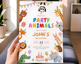 May include: A white birthday invitation card featuring colorful watercolor illustrations of a panda, bear, giraffe, koala, rabbit, hedgehog, elephant, fox, and crocodile wearing party hats, with the text CALLING ALL PARTY ANIMALS JOHN'S 2ND BIRTHDAY.