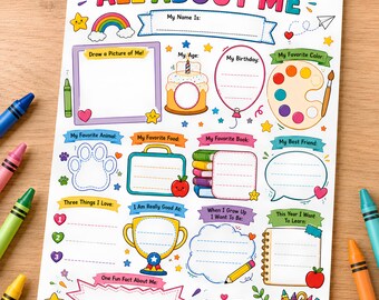 May include: A white paper activity sheet titled ALL ABOUT ME with colorful illustrations including a rainbow, birthday cake, paint palette, trophy, and school supplies. The sheet features blank spaces and lines for writing personal information.