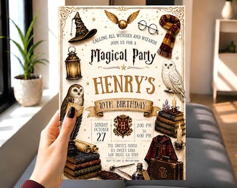 May include: A rectangular invitation card for Henry's 10th birthday party featuring a magical theme. The design includes illustrations of a witch hat, golden snitch, glasses, scarf, owls, books, a crest with the letter H, and party details.