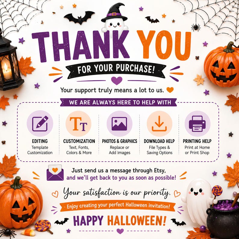 May include: A Halloween-themed thank you card featuring purple and orange text, a ghost in a witch hat, jack-o'-lanterns, a black lantern, and a cauldron. The text includes 'THANK YOU FOR YOUR PURCHASE!' and 'HAPPY HALLOWEEN!' with icons for editing.