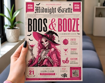 May include: A rectangular Halloween party flyer titled Midnight Gazette with pink and black text. It features a skeleton witch in a pink dress holding a cocktail, with event details including a live DJ, spooky drinks, and a costume contest on October 21.