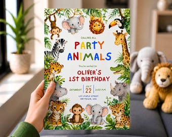 May include: A rectangular birthday invitation card featuring colorful jungle animal illustrations including a monkey, elephant, lion, toucan, zebra, leopard, crocodile, rhino, and tiger. The text reads CALLING ALL PARTY ANIMALS OLIVER'S 1ST BIRTHDAY.