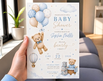 We Can Bearly Wait Baby Shower Invitation, Blue Teddy Bear Balloon Invite, Boy Baby Shower Party, Editable Template (Digital Download)