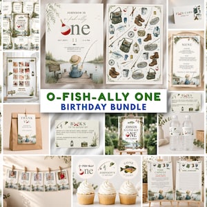 May include: A fishing-themed birthday party stationery bundle featuring illustrations of a child fishing on a dock, fishing gear, and the text O-FISH-ALLY ONE. Includes invitations, signs, cupcake toppers, tags, and menus with a rustic outdoor aesthetic.