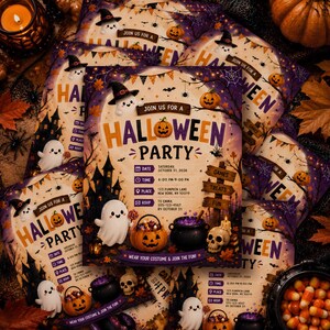 May include: A Halloween party invitation flyer featuring a central pumpkin, a ghost, a cauldron, and a skull. The text reads: Join us for a Halloween party, Saturday October 31 2026, 6:00 PM-9:00 PM, 123 Pumpkin Lane New York NY 10019, RSVP to Emma 555-123-4567.