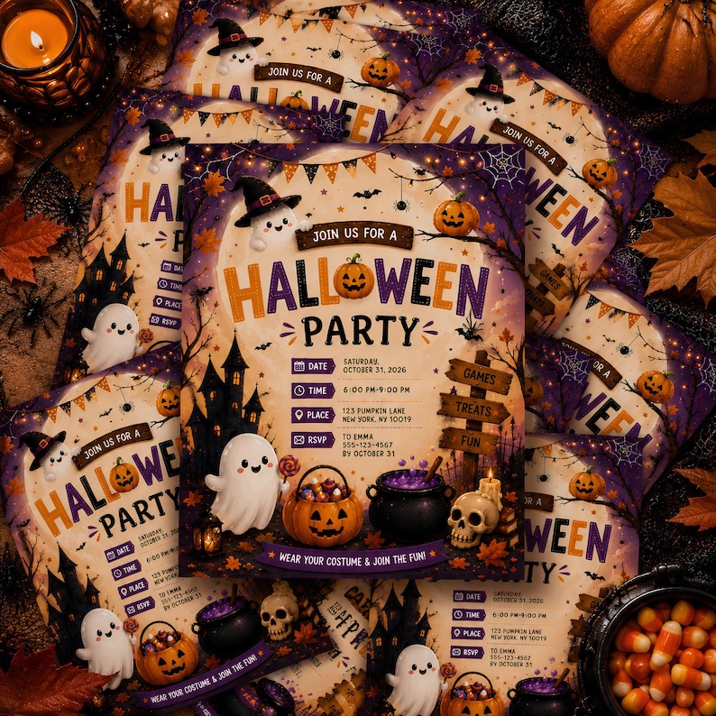 May include: A Halloween party invitation flyer featuring a central pumpkin, a ghost, a cauldron, and a skull. The text reads: Join us for a Halloween party, Saturday October 31 2026, 6:00 PM-9:00 PM, 123 Pumpkin Lane New York NY 10019, RSVP to Emma 555-123-4567.