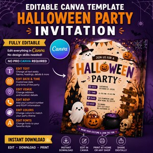 May include: An editable Halloween party invitation template featuring a haunted house, ghosts, a jack-o'-lantern, and a cauldron. The text reads "JOIN US FOR A HALLOWEEN PARTY" with placeholders for date, time, location, and RSVP details on a purple background.
