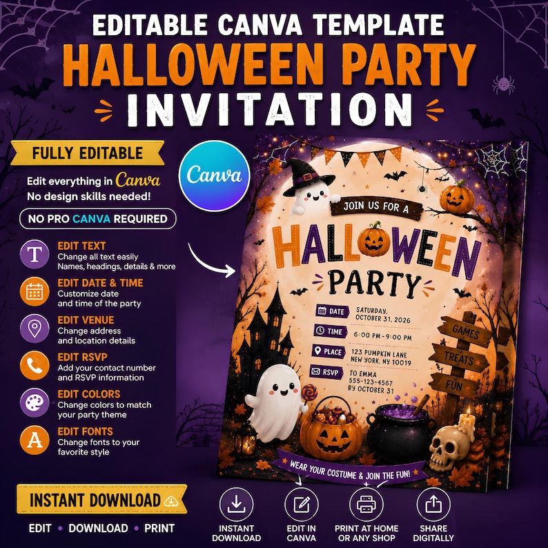 May include: An editable Halloween party invitation template featuring a haunted house, ghosts, a jack-o'-lantern, and a cauldron. The text reads "JOIN US FOR A HALLOWEEN PARTY" with placeholders for date, time, location, and RSVP details on a purple background.