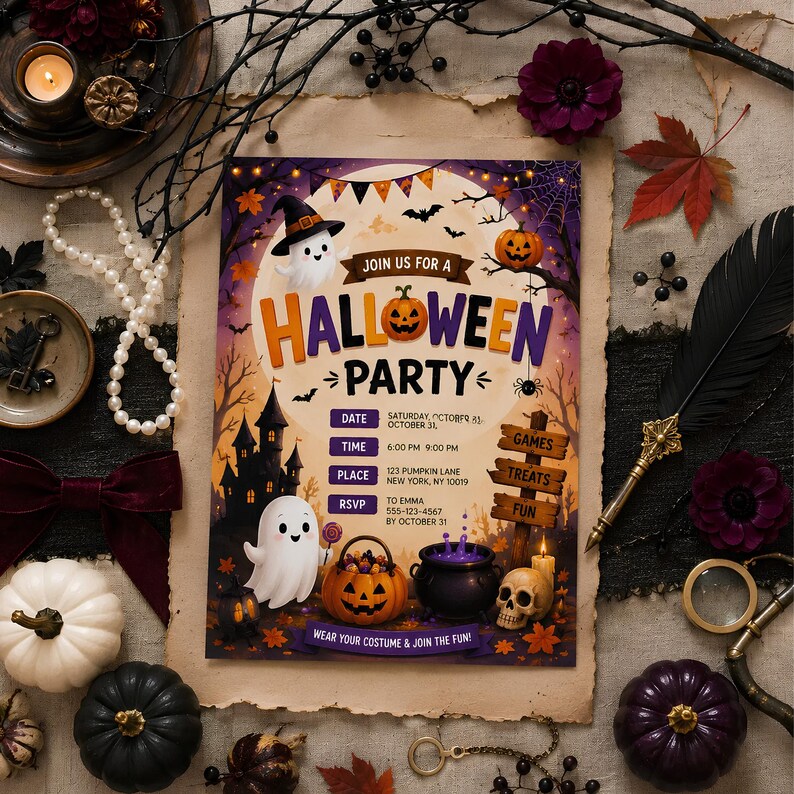 May include: A rectangular Halloween party invitation card featuring a ghost, a jack-o'-lantern, a haunted house, and a skull. The text reads: Join us for a Halloween party, date Saturday October 31, time 6:00 PM 9:00 PM, place 123 Pumpkin Lane New York, NY 10019, RSVP to Emma 555-123-4567 by October 31, wear your costume & join the fun.