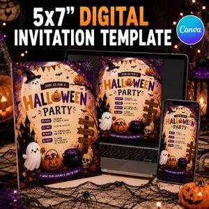 May include: A 5x7 inch digital Halloween party invitation template displayed on a laptop screen and a smartphone, featuring a ghost, a jack-o'-lantern, a cauldron, and a skull with text reading Join Us For A Halloween Party and event details.