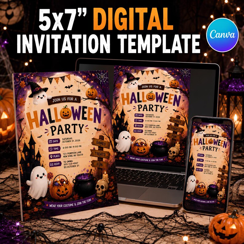 May include: A 5x7 inch digital Halloween party invitation template displayed on a laptop screen and a smartphone, featuring a ghost, a jack-o'-lantern, a cauldron, and a skull with text reading Join Us For A Halloween Party and event details.