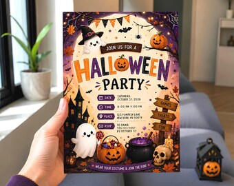 Halloween Party Invitation Template, Editable Canva Halloween Invite, Cute Ghost Pumpkin Trick or Treat, Printable Digital Download