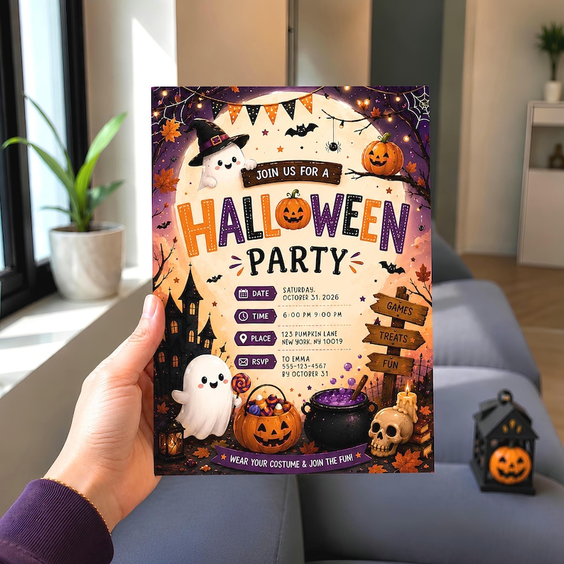 Halloween Party Invitation Template, Editable Canva Halloween Invite, Cute Ghost Pumpkin Trick or Treat, Printable Digital Download image 1