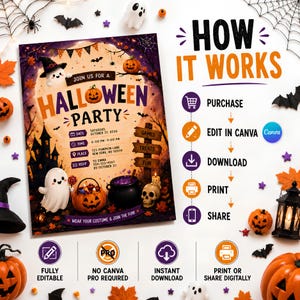 May include: A Halloween party invitation flyer featuring a ghost, a jack-o'-lantern, and a cauldron. The text reads JOIN US FOR A HALLOWEEN PARTY, HOW IT WORKS, PURCHASE, EDIT IN CANVA, DOWNLOAD, PRINT, SHARE, FULLY EDITABLE, NO CANVA PRO REQUIRED, INSTANT DOWNLOAD.