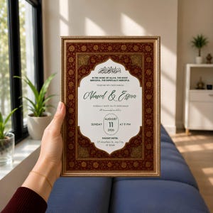 Plantilla de invitación Nikkah imprimible, invitación de boda editable en Canva, invitación de boda estilo Tezhip, Nikah Nama de lujo, Canva editable 5x7