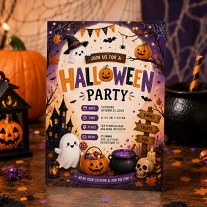 May include: A Halloween party invitation card featuring a ghost in a hat, a pumpkin, a haunted house, and a cauldron. Text includes: JOIN US FOR A HALLOWEEN PARTY, DATE SATURDAY OCTOBER 31 2026, TIME 6:00 PM 9:00 PM, PLACE 123 PUMPKIN LANE NEW YORK NY 10019.