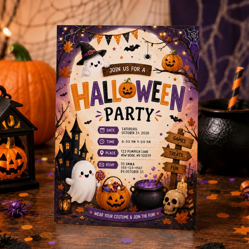 May include: A Halloween party invitation card featuring a ghost in a hat, a pumpkin, a haunted house, and a cauldron. Text includes: JOIN US FOR A HALLOWEEN PARTY, DATE SATURDAY OCTOBER 31 2026, TIME 6:00 PM 9:00 PM, PLACE 123 PUMPKIN LANE NEW YORK NY 10019.