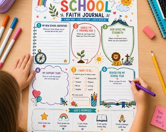 May include: A Back to School Faith Journal activity sheet featuring colorful illustrations of a rainbow, sun, lion, and compass. The page includes six numbered sections for writing goals, prayers, and reflections, with the text Shine Bright, Learn Well, Love Others.