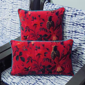 Puede incluir: Dos cojines rojos de terciopelo con un estampado de pájaros y flores. Los cojines tienen un ribete azul turquesa y son rectangulares y cuadrados. Están sobre una silla con un cojín estampado en azul y blanco.