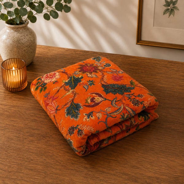 Floral Velvet Fabric, Orange Vintage Botanical Flower Print, Cushion & Upholstery Fabric