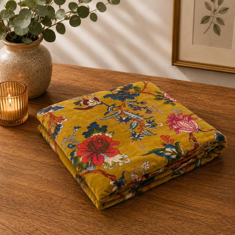 Puede incluir: Un textil de terciopelo amarillo mostaza plegado con un vibrante estampado floral de flores rojas, rosas y azules y hojas verdes. La tela tiene una textura suave y afelpada y se muestra como un cuadrado cuidadosamente apilado.