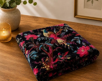 Schwarz Samt Stoff Meterware, Vogel Floral Design Upholstery Home Decor