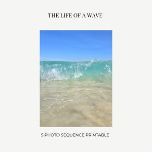 Puede incluir: Fotografía de una ola rompiendo en una playa arenosa bajo un cielo azul claro. La ola es de un color turquesa vibrante, con espuma blanca y rocío. El texto "THE LIFE OF A WAVE" y "5 PHOTO SEQUENCE PRINTABLE" están en la parte superior e inferior.