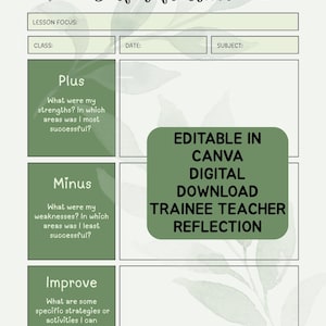 May include: A digital lesson plan template for self-reflection, featuring sections for strengths, weaknesses, and improvement strategies. The template includes the text "EDITABLE IN CANVA DIGITAL DOWNLOAD TRAINEE TEACHER REFLECTION."
