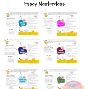 以下が含まれることがあります： 「ALL CHARACTERS: Grade 9 Revision & Essay Masterclass」と題された、9年生向けの復習ガイド。キャラクターの概要とマインドマップが特徴です。The Everyday English Teacherのロゴが見えます。登場人物には、ジェラルド・クロフトやエリック・バーリングなどがいます。