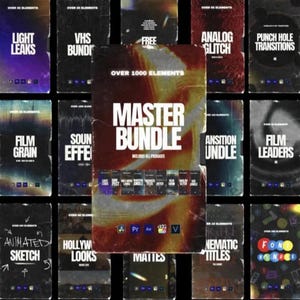 May include: A collection of digital design elements, including light leaks, VHS effects, and film grain, presented in a vintage style. The central image promotes a 'Master Bundle' with over 1000 elements, suitable for video editing and graphic design projects.