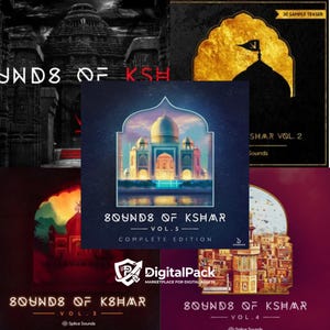 May include: A collection of digital sound packs, each with unique cover art. The covers feature illustrations of historical architecture and text that reads "SOUNDS OF KSHAR" and volume numbers. The DigitalPack logo is also visible.