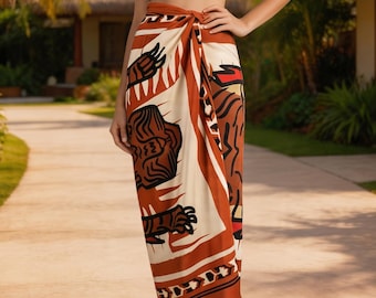 Spódnica sarong z nadrukiem plemiennym, brązowa, lekka, plażowa narzutka