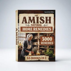 May include: A book titled "The Amish Natural Home Remedies" with the author's name, Sarah Esh Miller, displayed on the cover. The cover features an illustration of an Amish woman and the text "3000 Remedies" and "65 Books in 1".