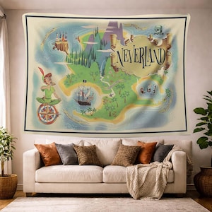 May include: A decorative wall tapestry featuring a map of Neverland. The map is illustrated with a pirate ship, Peter Pan, and the text "Neverland". The tapestry has a cream-colored background with a black border.