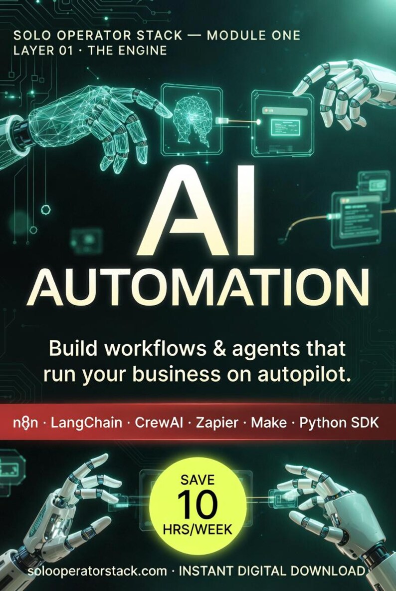 Może przedstawiać: Grafika cyfrowa promująca automatyzację AI, z tekstem "AI AUTOMATION" dużymi, pogrubionymi literami. Obraz zawiera robotyczne dłonie, projekty płytek drukowanych oraz tekst "Build workflows & agents that run your business on autopilot." Ż&oacute;łte koło m&oacute;wi "SAVE 10 HRS/WEEK."