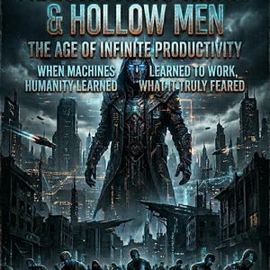 May include: Book cover for "Algorithmic Kings & Hollow Men" by Mark Bell. The cover features a futuristic cityscape with a figure in a long coat and a glowing face. The text includes "The Age of Infinite Productivity" and "Book One."
