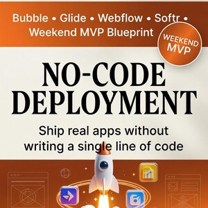 Może przedstawiać: Pomarańczowo-biała grafika promocyjna promująca "NO-CODE DEPLOYMENT". Obraz przedstawia startującą rakietę z ikonami i tekstem, w tym "Bubble, Glide, Webflow, Softr". Tekst brzmi "Ship real apps without writing a single line of code."