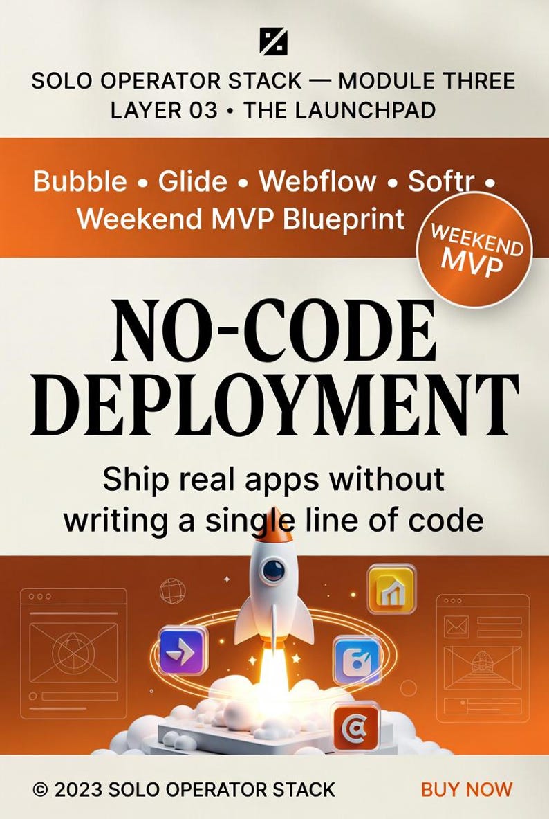 Może przedstawiać: Pomarańczowo-biała grafika promocyjna promująca "NO-CODE DEPLOYMENT". Obraz przedstawia startującą rakietę z ikonami i tekstem, w tym "Bubble, Glide, Webflow, Softr". Tekst brzmi "Ship real apps without writing a single line of code."
