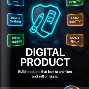 Może przedstawiać: Grafika produktu cyfrowego z ciemnym tłem i neonowymi niebieskimi i pomarańczowymi akcentami. Tekst brzmi &bdquo;DIGITAL PRODUCT&rdquo; i &bdquo;Build products that look ta premium and sell on sight&rdquo;. Inne teksty to &bdquo;UI/UX&rdquo;, &bdquo;Design Systems&rdquo; i &bdquo;PDFs: Systems&rdquo;.