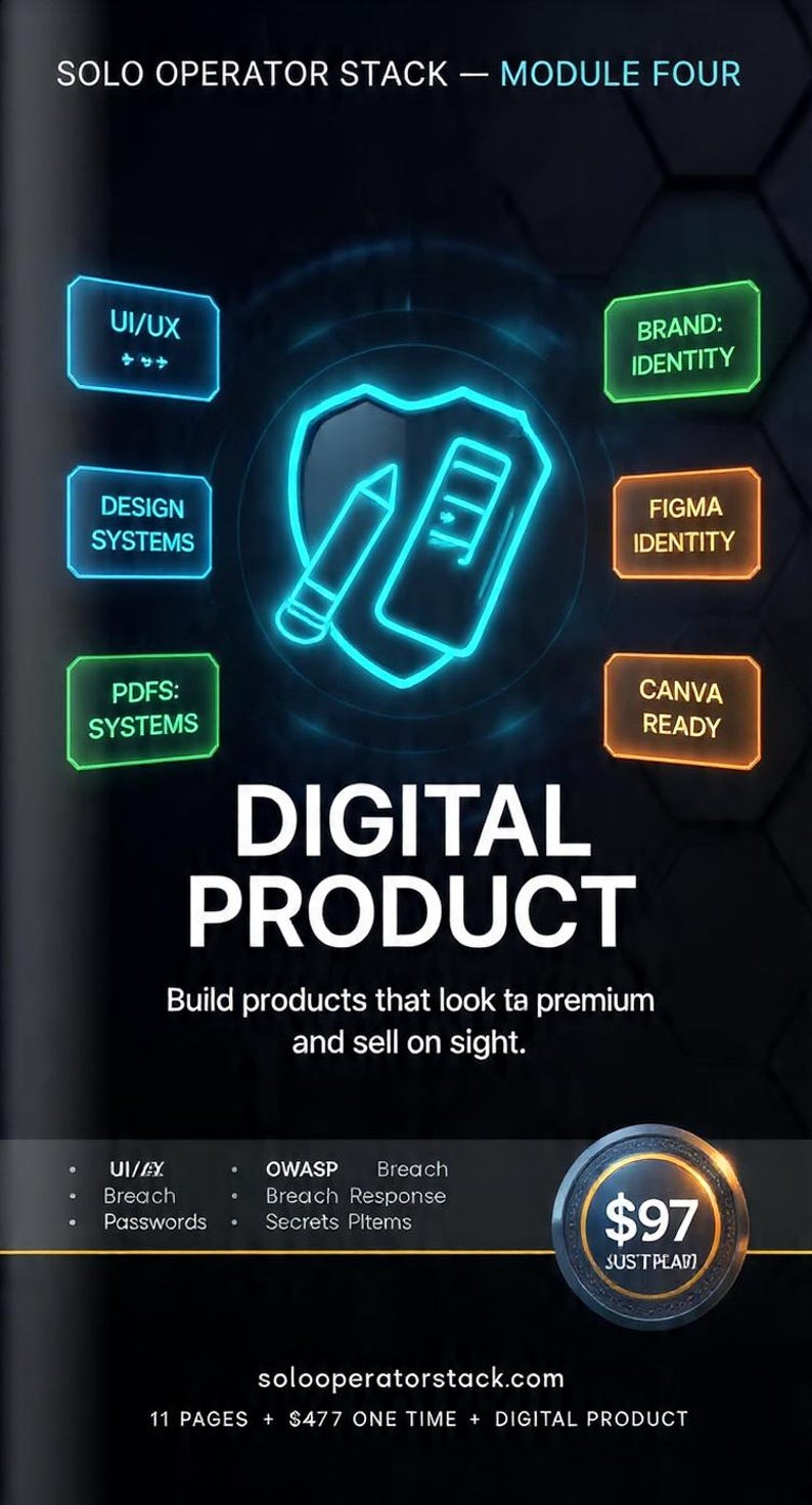 Może przedstawiać: Grafika produktu cyfrowego z ciemnym tłem i neonowymi niebieskimi i pomarańczowymi akcentami. Tekst brzmi &bdquo;DIGITAL PRODUCT&rdquo; i &bdquo;Build products that look ta premium and sell on sight&rdquo;. Inne teksty to &bdquo;UI/UX&rdquo;, &bdquo;Design Systems&rdquo; i &bdquo;PDFs: Systems&rdquo;.
