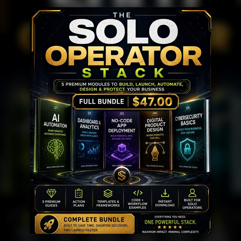 Może przedstawiać: Grafika promocyjna dla "The Solo Operator Stack", pakietu 5 moduł&oacute;w do budowania, uruchamiania, automatyzacji, projektowania i ochrony firmy. Grafika zawiera okładki książek z tytułami takimi jak "AI Automation" i "Cybersecurity Basics".