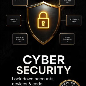 Może przedstawiać: Grafika promująca cyberbezpieczeństwo, przedstawiająca tarczę z ikoną kł&oacute;dki, otoczoną polami tekstowymi ze wskaźnikami bezpieczeństwa. Słowa "CYBER SECURITY" są wyraźnie widoczne, wraz z tekstem "Lock down accounts, devices & code."
