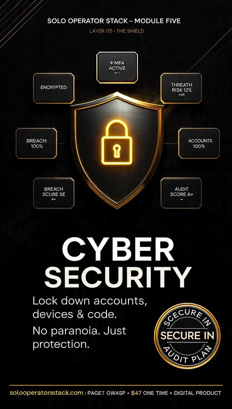 Może przedstawiać: Grafika promująca cyberbezpieczeństwo, przedstawiająca tarczę z ikoną kł&oacute;dki, otoczoną polami tekstowymi ze wskaźnikami bezpieczeństwa. Słowa "CYBER SECURITY" są wyraźnie widoczne, wraz z tekstem "Lock down accounts, devices & code."