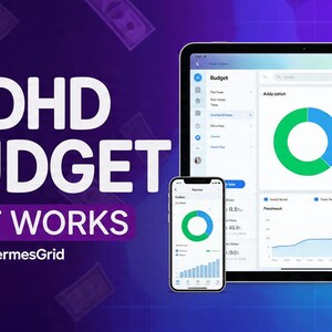 May include: A digital financial planning interface for ADHD budgeting, displayed on a tablet and smartphone. The screen shows charts and graphs with green and blue color schemes. The text "ADHD BUDGET THAT WORKS" is displayed in large white letters.