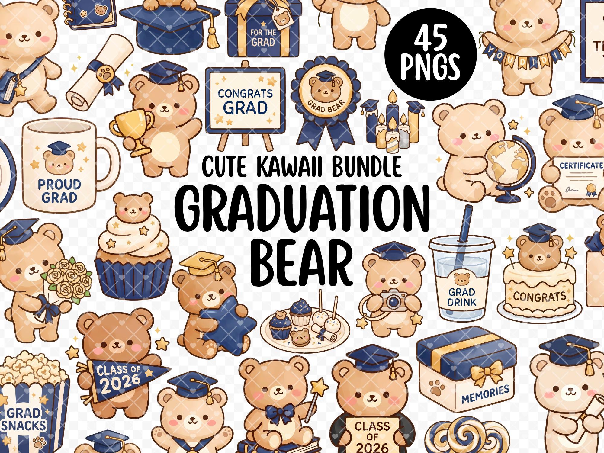Cute Kawaii Graduation Bear Clipart Bundle | 45 PNG Pastel Watercolour ...